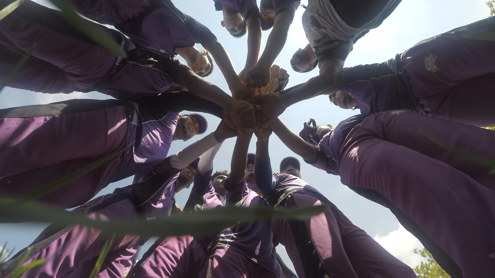 A cricket team in purple uniforms reaches into a low-angle huddle